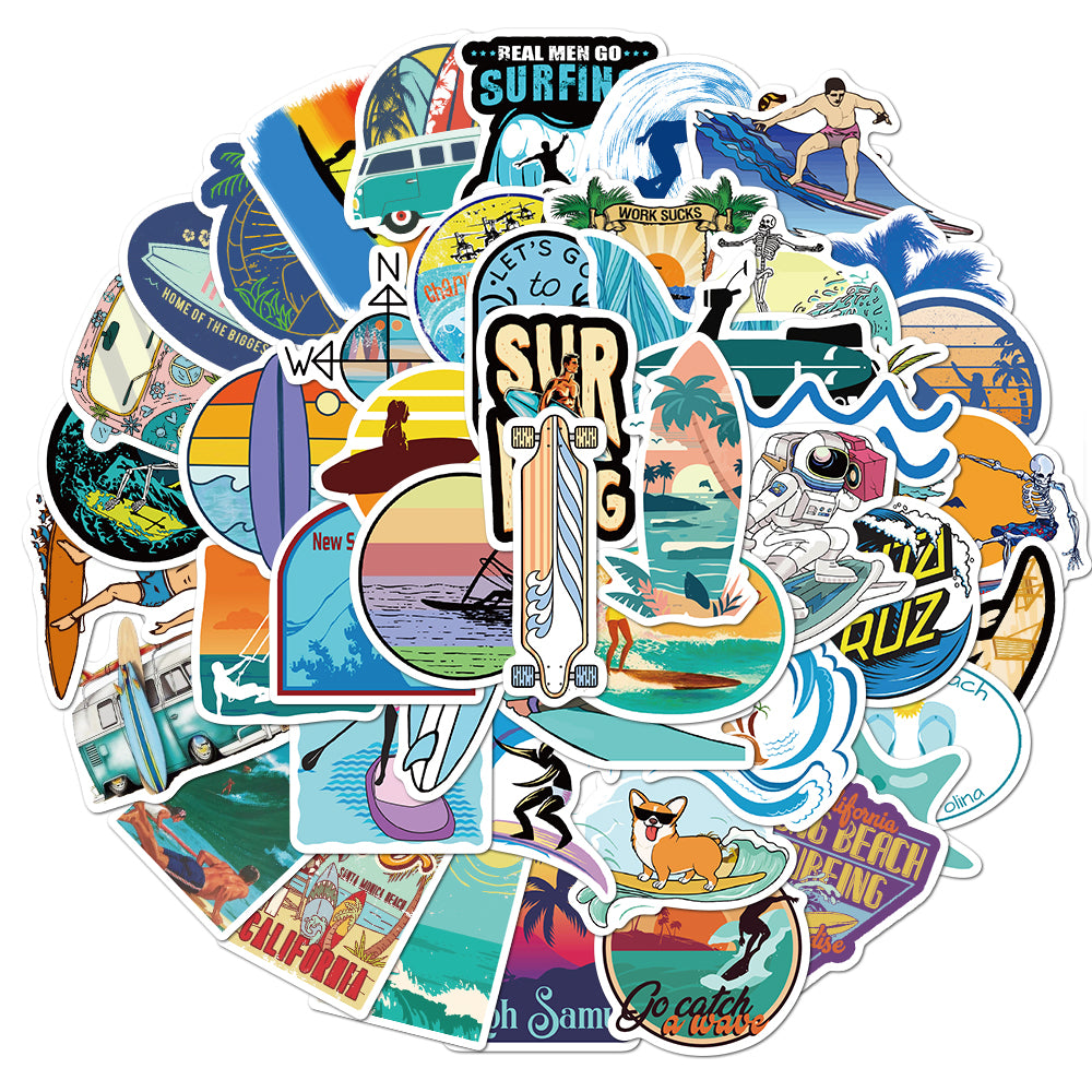Surfing Stickers - Beach & Summer - set 50 stuks - Laptop Stickers - Stickervellen