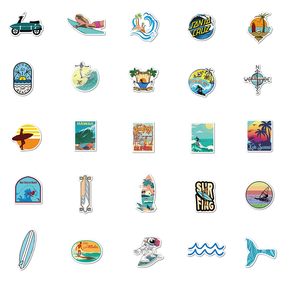 Surfing Stickers - Beach & Summer - set 50 stuks - Laptop Stickers - Stickervellen