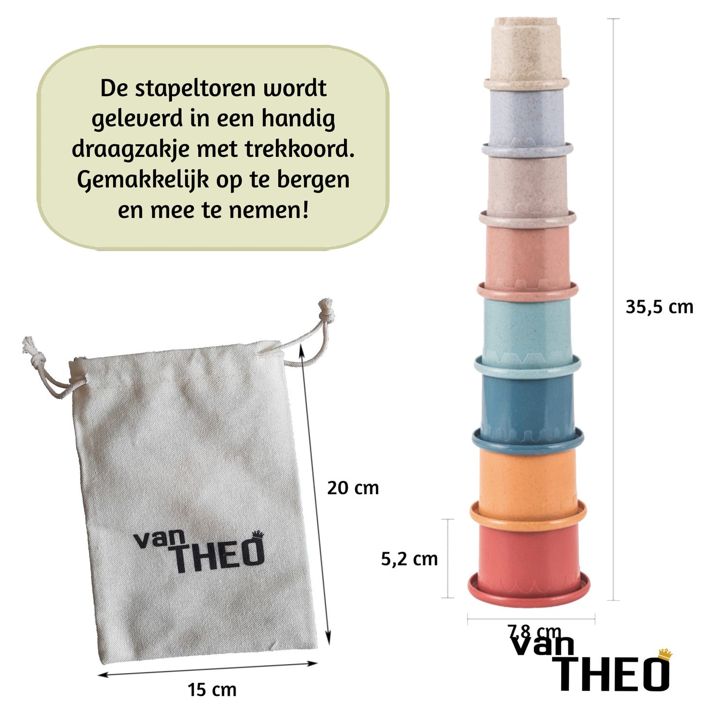 van Theo® Stapeltoren - Stapelbekers - Baby Speelgoed vanaf 0 jaar - Zand Strand Bad Box - Stacking Cups - 8 Kleuren en Dieren - Pastel
