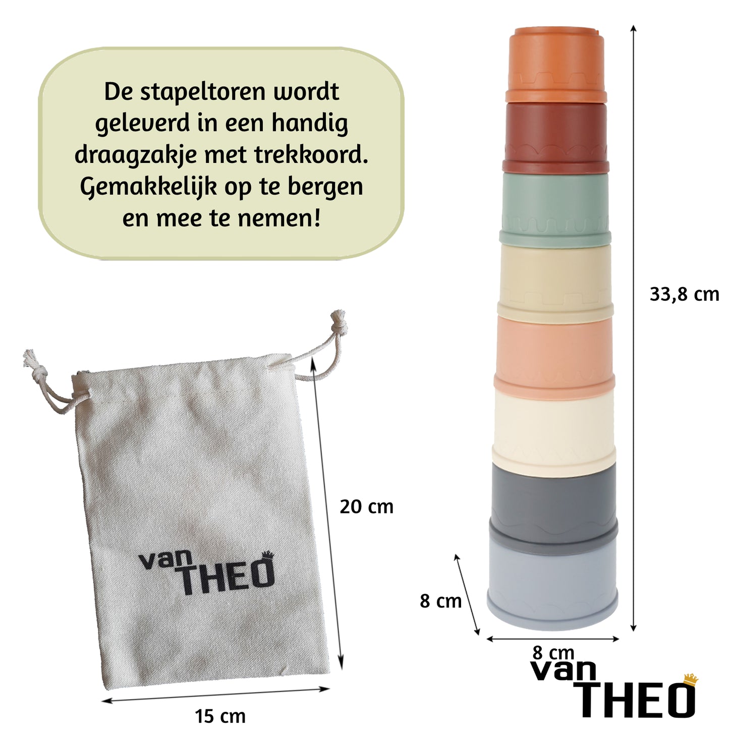van Theo® Stapeltoren - Stapelbekers - Baby Speelgoed vanaf 0 jaar - Zand Strand Bad Box - Stacking Cups - 8 Kleuren en Vormen - Pastel
