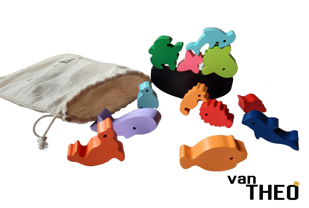 Stapeldiertjes Oceaan – Houten blokken – Balansspel – Duurzaam Speelgoed – Stapelblokken - Dieren