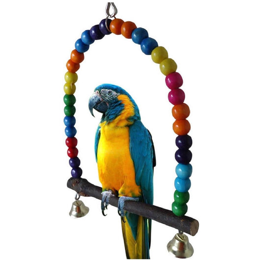 Vogel Schommel Hout - Kralen - Belletjes 15 x 15 cm - Vogelkooi - Parkieten Papegaaien Speelgoed - Kanarie