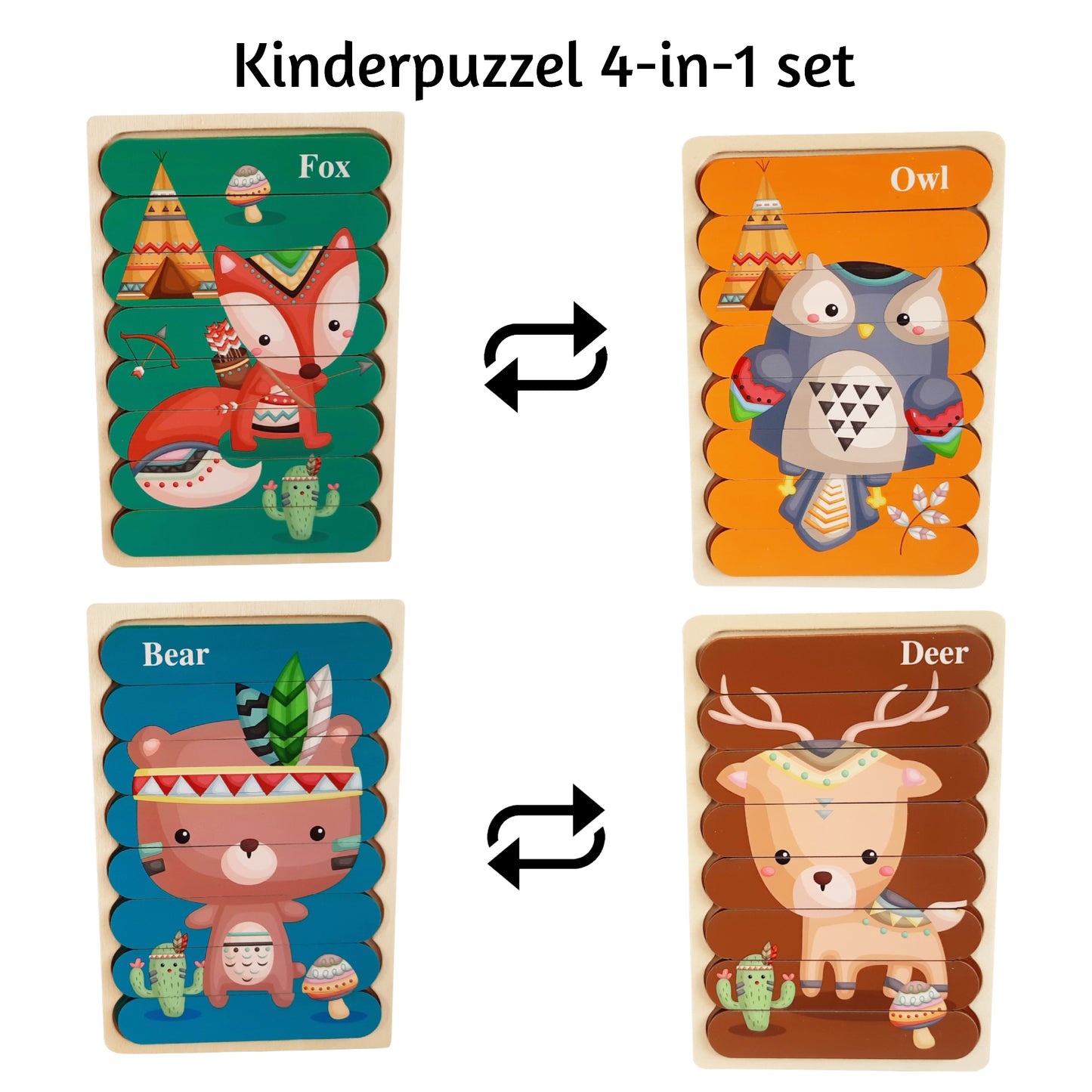 Houten Puzzel - Dubbelzijdige Kinderpuzzels - Set 4-in-1 - Montessori Speelgoed - Set Dieren