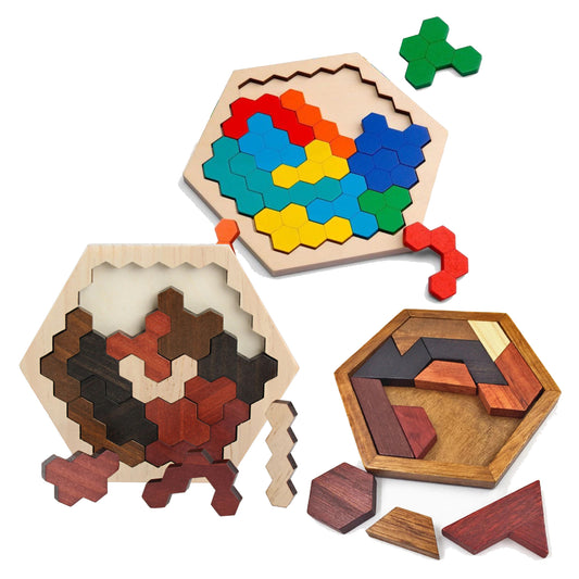 Houten Puzzel Set - 3 Stuks Tangram Hexagon - Smartgames - Breinbreker - Vormen Puzzel - Kinderspeelgoed - Educatief Speelgoed - Vanaf 3 jaar