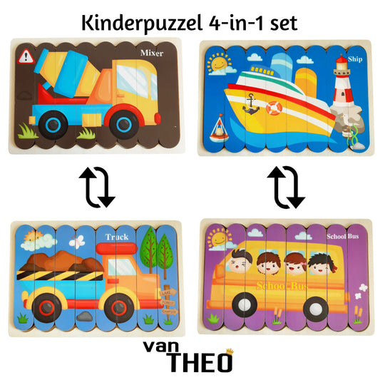 Houten Puzzel - Dubbelzijdige Kinderpuzzels - Set 4-in-1 - Montessori Speelgoed - Set Voertuigen
