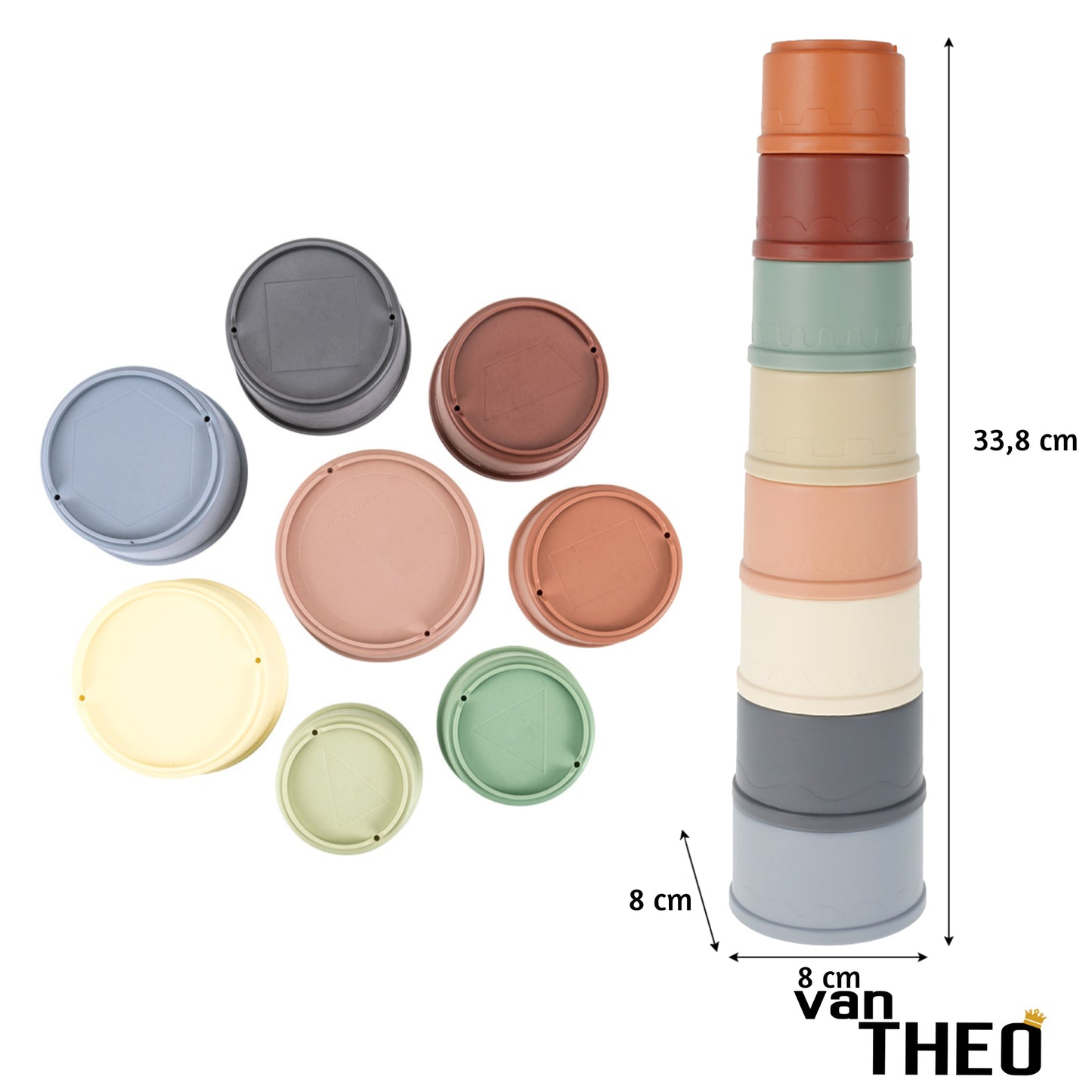 van Theo® Stapeltoren - Stapelbekers - Baby Speelgoed vanaf 0 jaar - Zand Strand Bad Box - Stacking Cups - 8 Kleuren en Vormen - Pastel