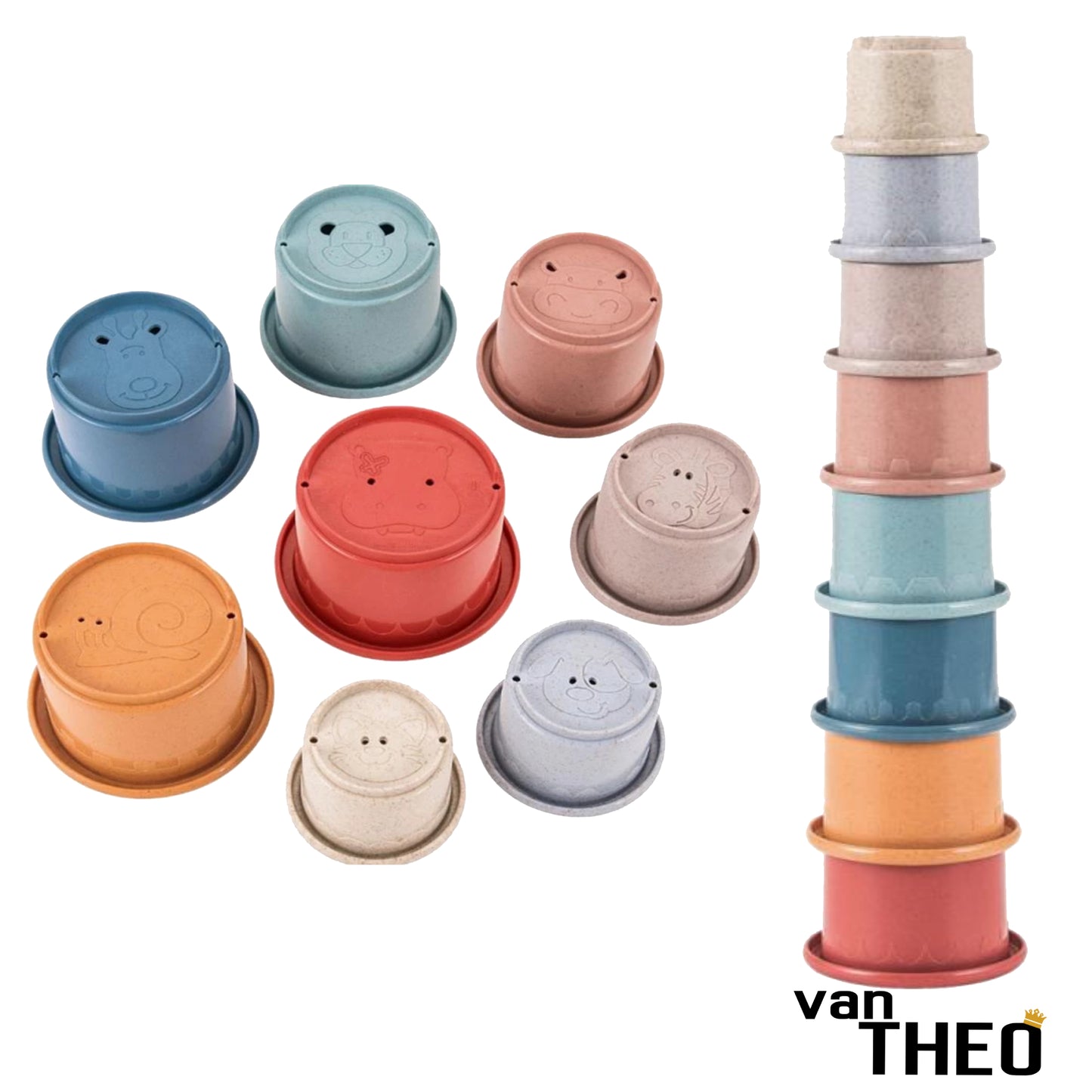 van Theo® Stapeltoren - Stapelbekers - Baby Speelgoed vanaf 0 jaar - Zand Strand Bad Box - Stacking Cups - 8 Kleuren en Dieren - Pastel