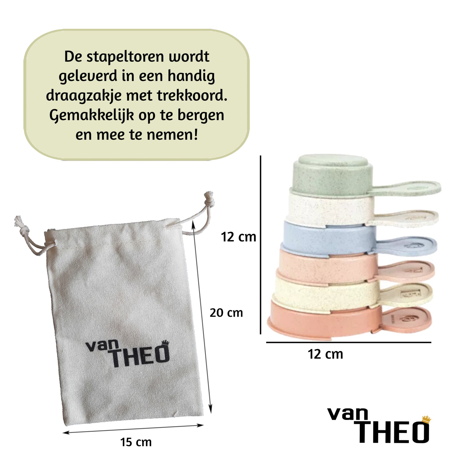 van Theo® Stapeltoren - Stapelbekers - Schepjes - Baby Speelgoed vanaf 0 jaar - Zand Strand Bad Box - Stacking Cups - 6 Kleuren, Vormen en Cijfers - Pastel