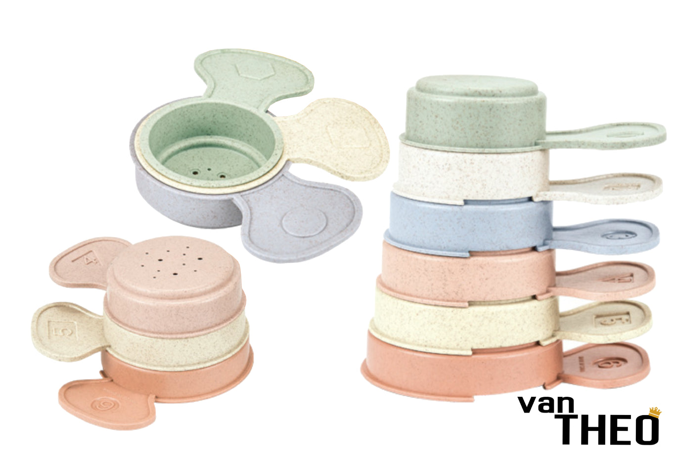 van Theo® Stapeltoren - Stapelbekers - Schepjes - Baby Speelgoed vanaf 0 jaar - Zand Strand Bad Box - Stacking Cups - 6 Kleuren, Vormen en Cijfers - Pastel