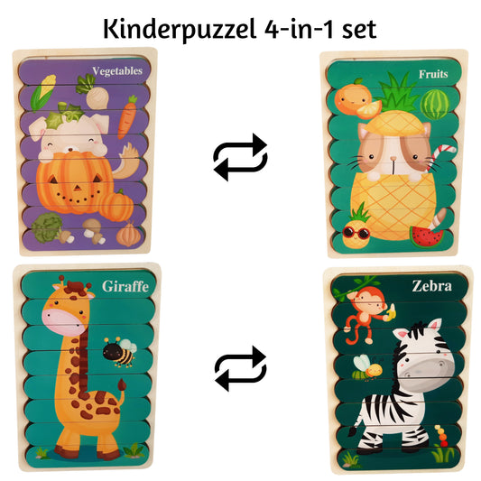 Houten Puzzel - Dubbelzijdige Kinderpuzzels - Set 4-in-1 - Montessori Speelgoed - Set Dieren 2