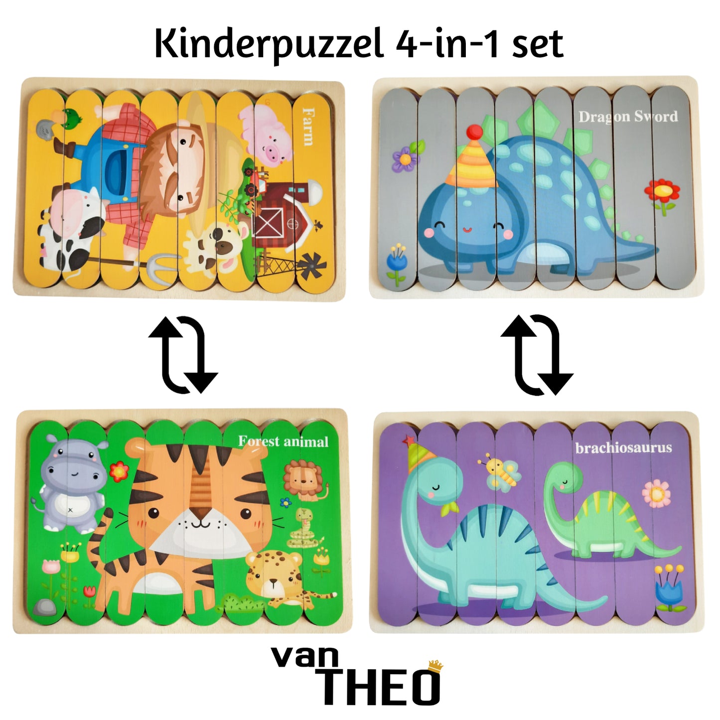 Houten Puzzel - Dubbelzijdige Kinderpuzzels - Set 4-in-1 - Montessori Speelgoed - Set Jungle en Dino's