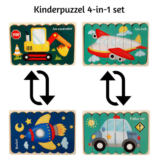 Houten Puzzel - Dubbelzijdige Kinderpuzzels - Set 4-in-1 - Montessori Speelgoed - Set Voertuigen